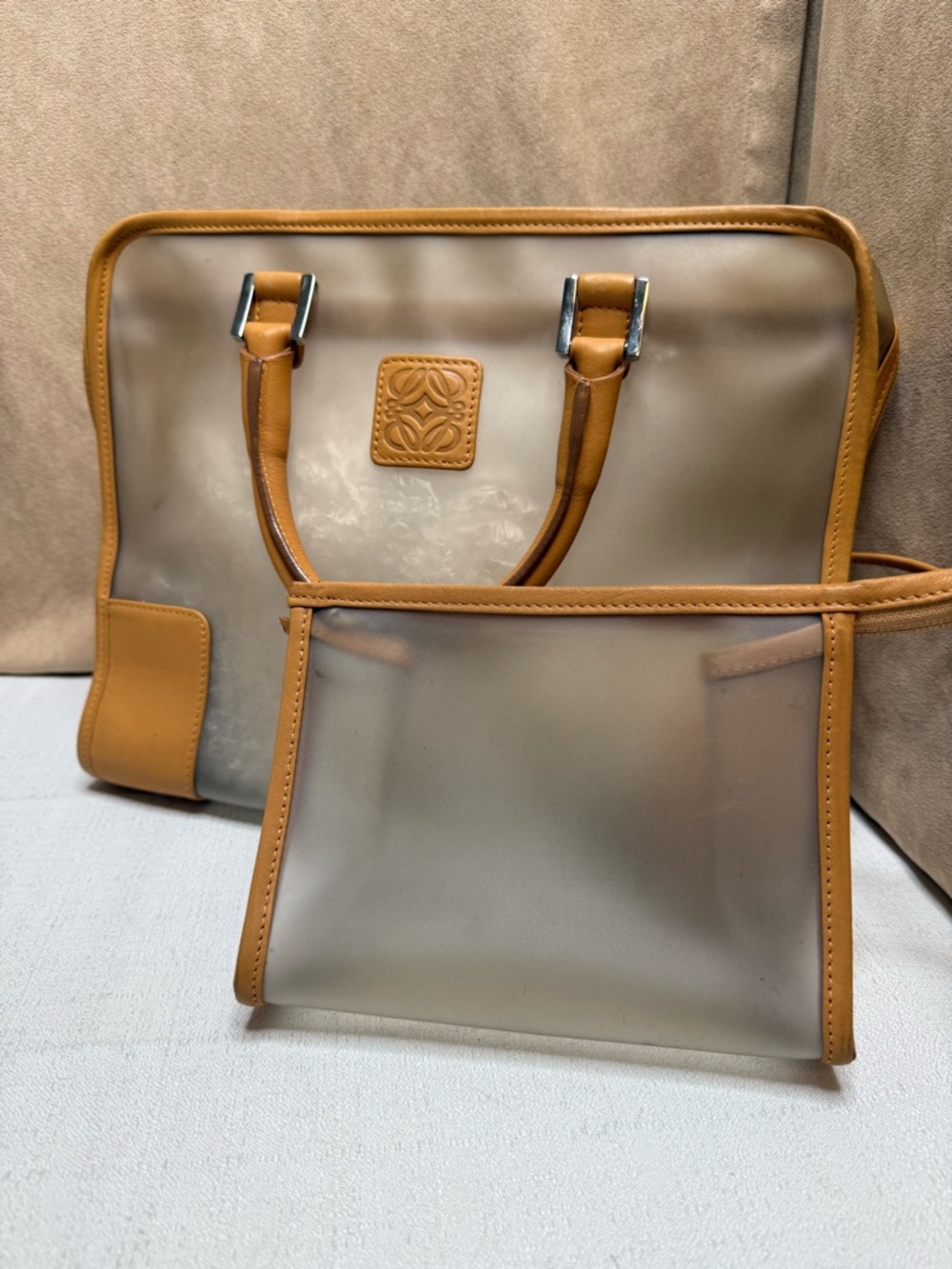 Loewe Amazona PVC & Tan Leather Satchel Top Handle w/ Pouch - Picture 1 of 14